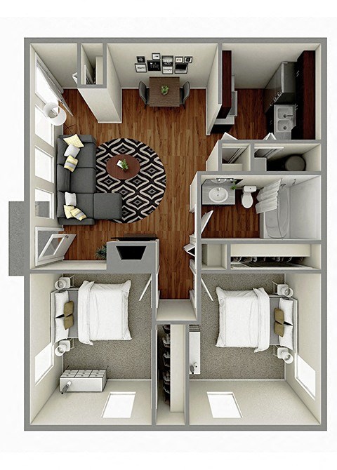 Floor plan for 2 beds, 1 bath, 880 sqft